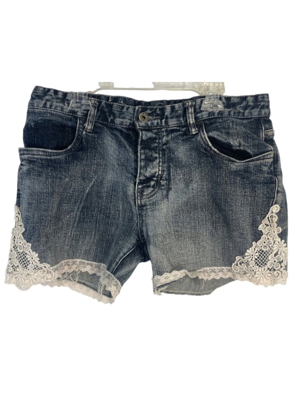 hurricane flex jean shorts lace embroyered pocket zipper button 30 blue READ